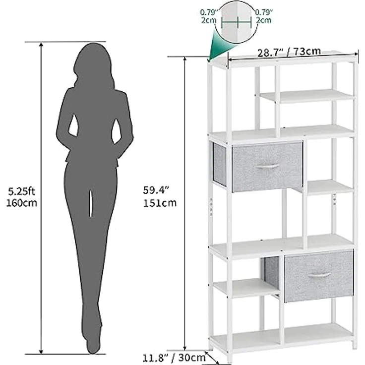 YITAHOME Bücherregal mit Schubladen, 7-stöckiges Standregal mit Stahlrahmen, Bodenstehendes Lagerregal, Industrieregal Aufbewahrungsregal, für Wohnzimmer, Büro, Flur, Küche, Weiß Regal – Bild 3