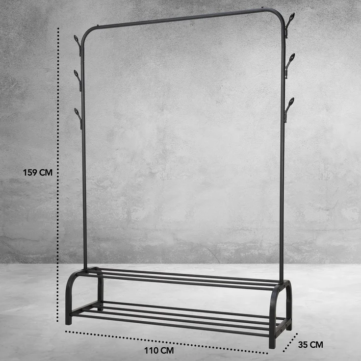 Brixy Garderobenständer - Garderobenständer - 102x34x152cm - Garderobenständer Mit Schuhregal - Industriell - Metall - Schwarz – Bild 8