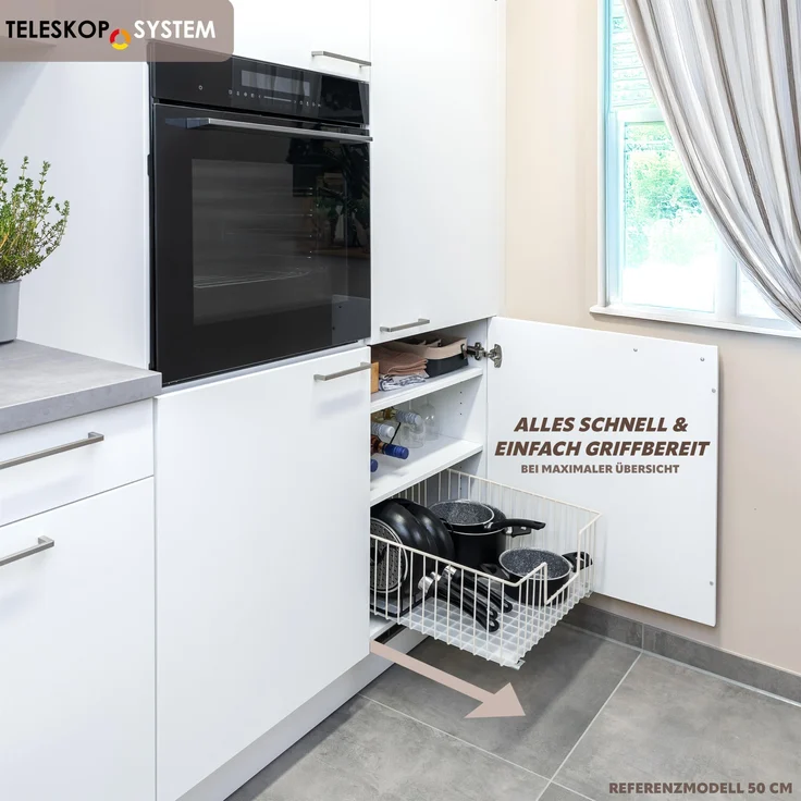 Schrank-Korbauszug 30 cm Breite, Boden-Teleskopschublade mit Einlegeboden, Küchenschublade, cremeweiß – Bild 2
