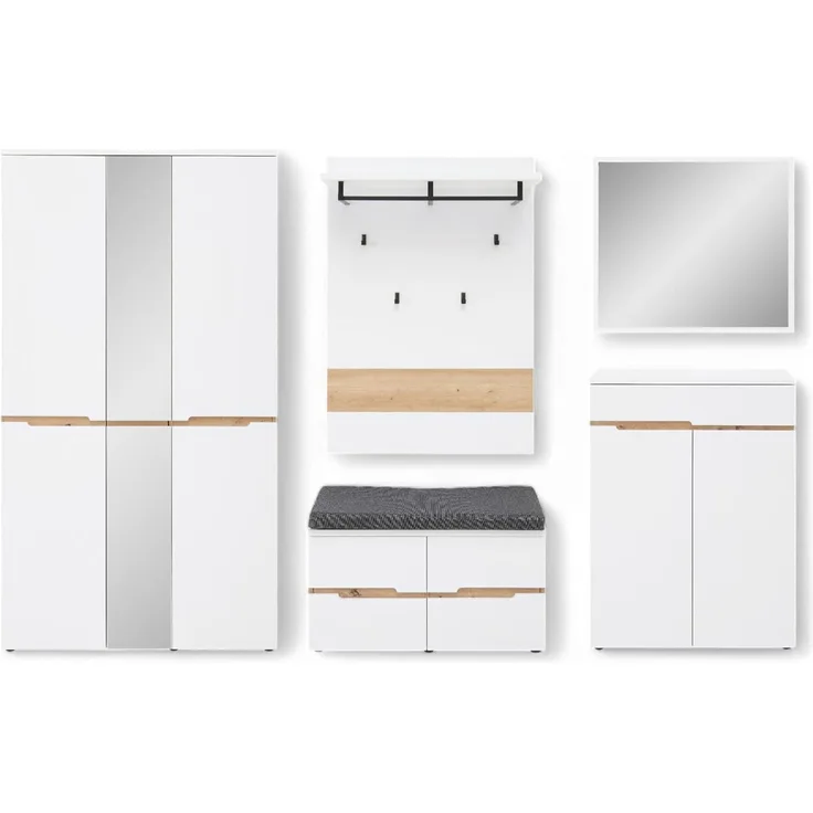Stella Trading Memphis Flurgarderoben Set in Weiß, Artisan Eiche Optik - Modernes Garderobenset 5-teilig für Ihren Eingangsbereich - 295 x 192 x 38 cm (B/H/T)