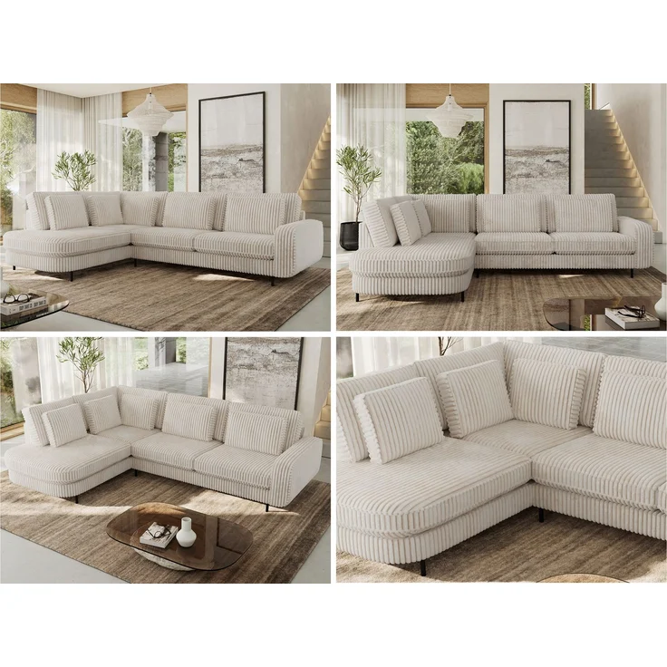 CALENO L-Form Ecksofa 317x225 cm, Massivholz-Rahmen & Wellenfedern, Sitzhöhe 51 cm, modernes Polstersofa rückenecht bezogen & freistehend - Beige Cord - Links Seite – Bild 2