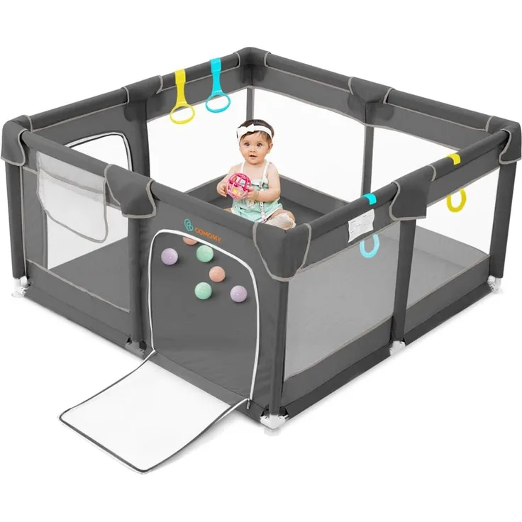 COMOMY Laufstall Baby, 127x127 cm Laufgitter Baby Sicherheitsbereich Schutzgitter für Kinder mit Weichem Netz, Rutschfestem Oxford Bottom (Grau)