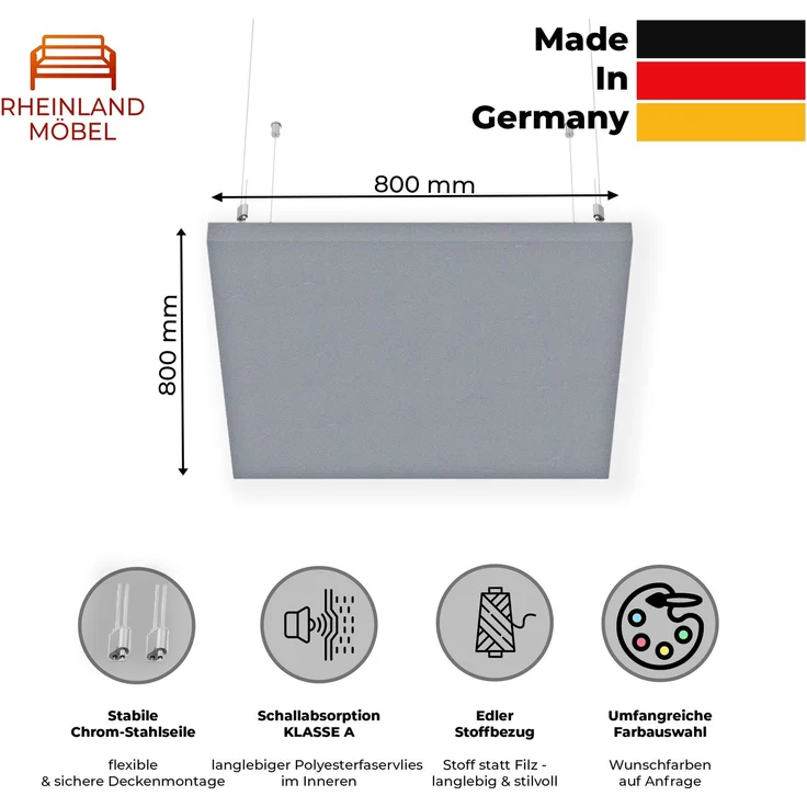 Rheinland Möbel FocusWall DAQ0808 – Quadratischer Akustik-Deckenabsorber 80×80 cm in Stofffarbe Slip inkl. Chrom-Stahlseilen - Made in Germany - Klasse A, Stoffbezug, schwer entflammbar – Bild 2