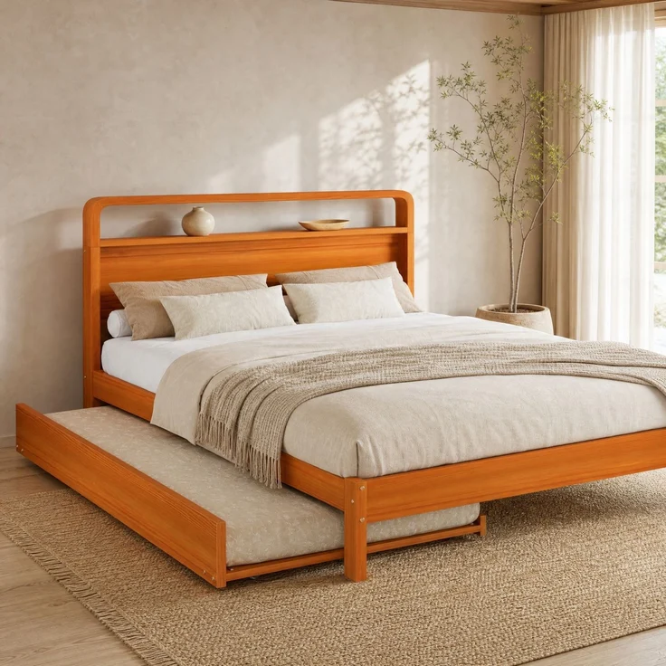 CHICFURN Ausziehbett aus Holz Natur 140x200 cm mit Gästebett 90x190 cm – Bild 2