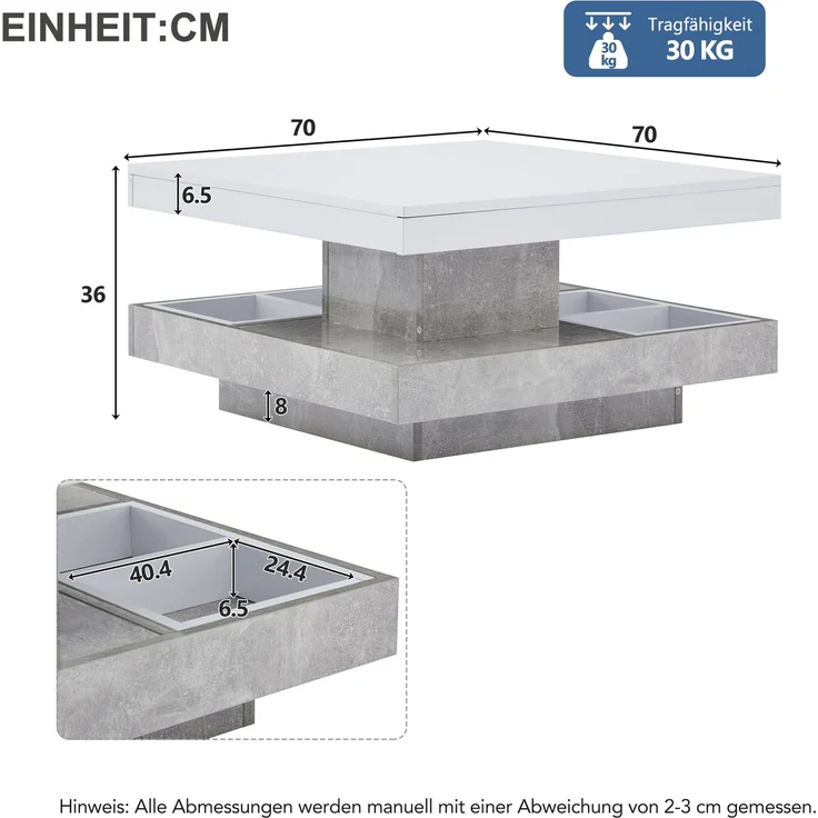 Couchtisch 70 x 70 x 36 cm, moderner Hochglanz-Wohnzimmertisch in Weiß mit marmorfarbenem Sockel – Bild 10