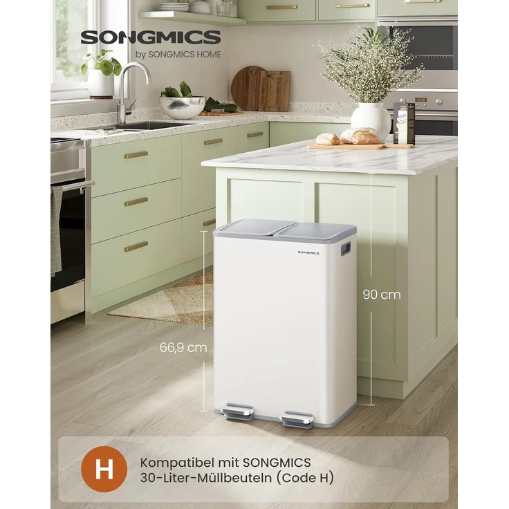 SONGMICS Mülleimer Küche, 2 x 30 Liter, 2 Fächer, Abfalleimer, Tretmülleimer, Küchenmülleimer mit Softclose-Deckel und Inneneimer, Stahl, inklusive 15 Müllbeutel – Bild 2