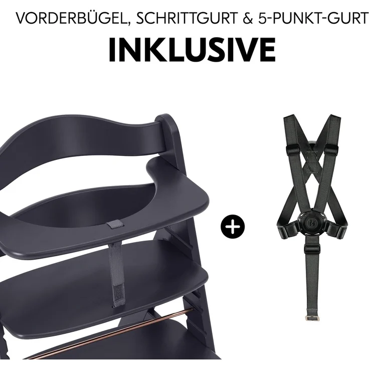 Hauck Kinder Hochstuhl Alpha+ - Mitwachsender Holz Babystuhl (FSC zertifiziert), Kinderhochstuhl ab 6 Monate, verstellbar, mit Schutzbügel, Schrittgurt in Lederoptik und 5-Punkt-Gurt - Dunkelgrau – Bild 3