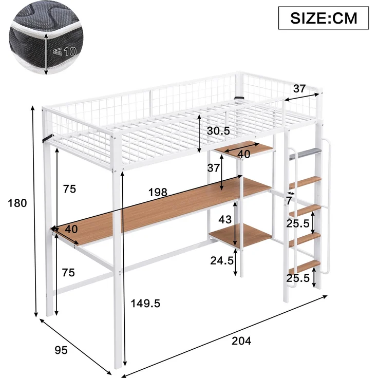 Etagenbett 90×200 cm mit Rausfallschutz, Schreibtisch und Regalen, Weiß/Natur, ohne Matratze – Bild 5