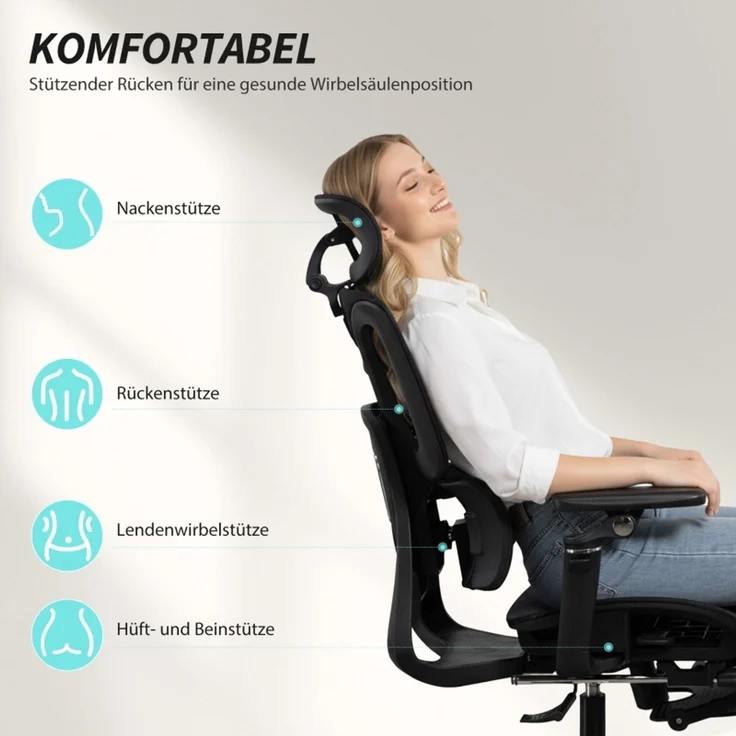 Bürostuhl Ergonomisch Schreibtischstuhl mit verstellbar Lenden- und Kopfstütze 6D-Klapparmlehnen Fußstütze Netz Schwarz--Schwarz--71x67x133cm--YOUDENOVA – Bild 4