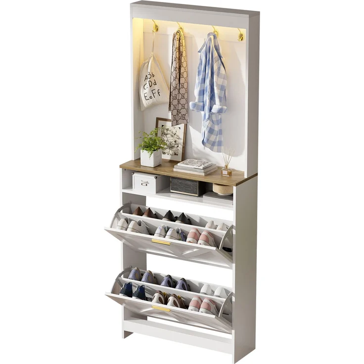 Schuhschrank mit LED-Beleuchtung, 2 Klappfächer & Haken, 70x24x180 cm, Weiß/Naturfarben – Bild 7