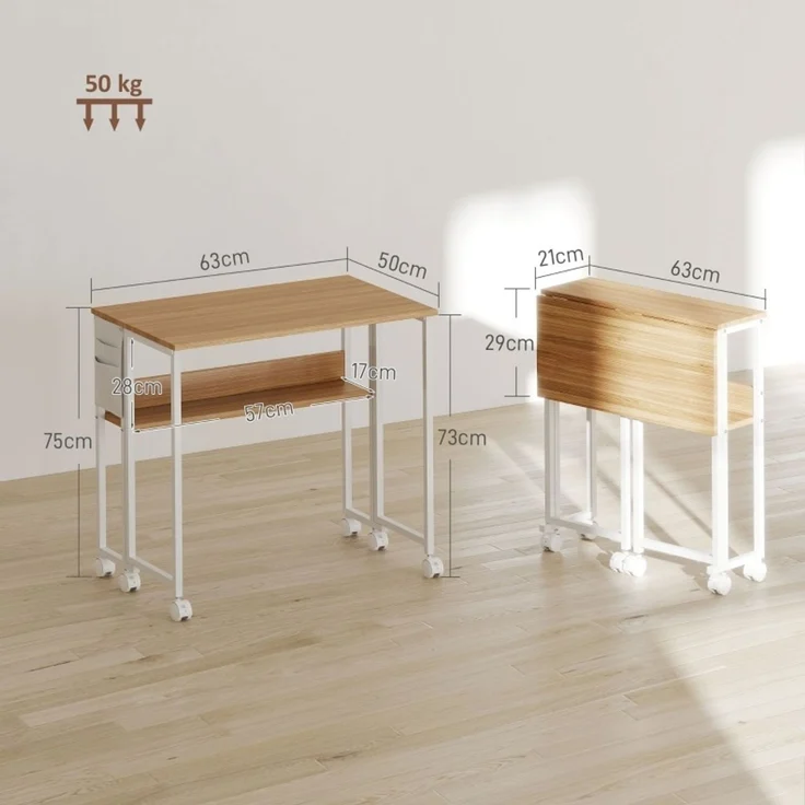 Klappschreibtisch aus Holz mit Regal und Rollen, 63x50x75 cm, Natur – Bild 2