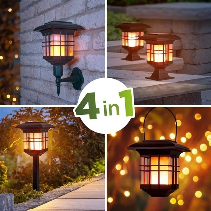 IC Gardenworld LED Laterne 4 in 1 Solar Gartenlaterne mit LED-Licht im Flammeneffekt-Design, LED fest integriert, warm-weiß im Flammeneffekt, zum Stecken, Hängen oder Hinstellen, einfache Montage, kabellos – Bild 2