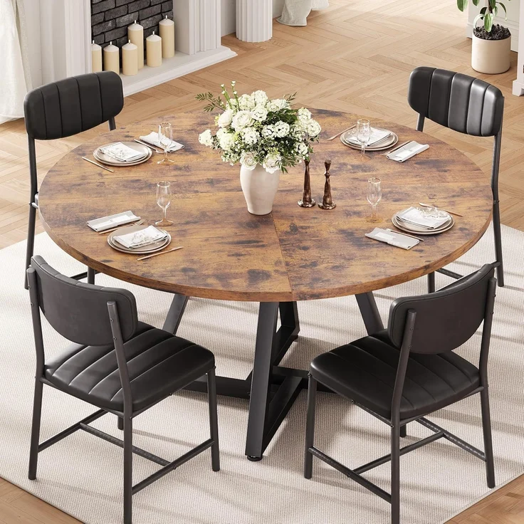 Esstisch Runder und 4 Esszimmerstühle Set, Essgruppe 5-Teilig, Küchentisch mit stabilem Metallgestell und 4 stühle, platzsparender Esszimmertisch aus Holz im Industrial Design (Vintage Braun, 107cm) – Bild 1
