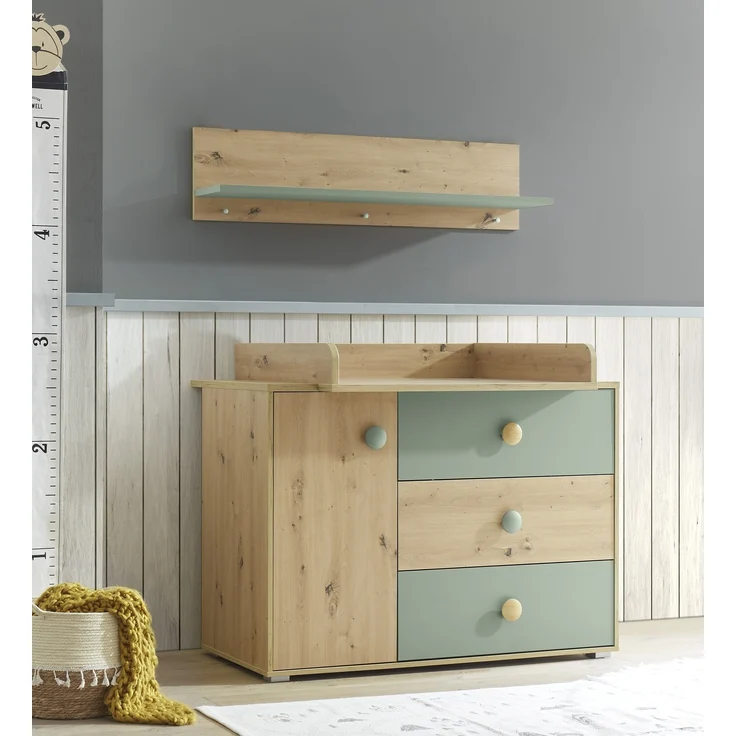Wandboard >Birta< 3 Haken, Ablage, Artisan Eiche Dekor / Salbei - 120x30x25,5cm (BxHxT) – Bild 8