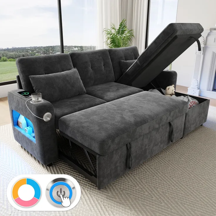 Merax L‑förmiges Ecksofa, multifunktionales Schlafsofa, mit Schlaffunktion, Stauraum, LED‑Beleuchtung, USB‑Ladeanschluss, Getränkehalter, Seitentaschen, Grau