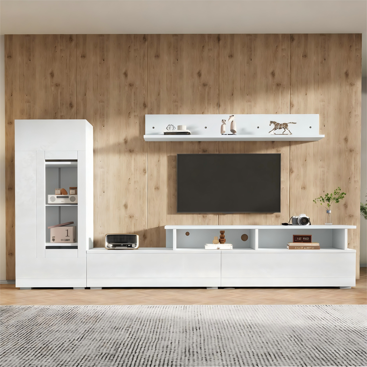 TV Wohnwand Set 3-teilig LED Beleuchtung Hochglanz Wohnzimmer Möbel Set Frontale Wohnwand 1 x TV Schrank, 1 x Wohnzimmer Vitrine, 1 x Hängeregal, TV bis 75' Weiß--Weiß--130x46x15.49cm--YOUDENOVA – Bild 7