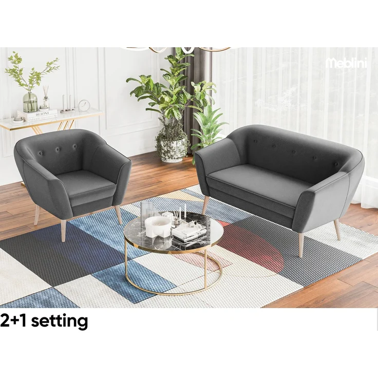 MEBLINI Mini Sofa Set 2-1 für Wohnzimmer - Mini Lounge für drei Personen - Küchensofa - Sofa Klein - Sitzgarnitur - Polstergarnitur - Sofagarnituren - DORIS - 2+1 - Dunkelgrau Samt – Bild 2