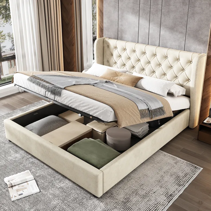Polsterbett 140x200 cm mit hydraulischem Stauraum – Chesterfield Stil in Beige, ohne Matratze