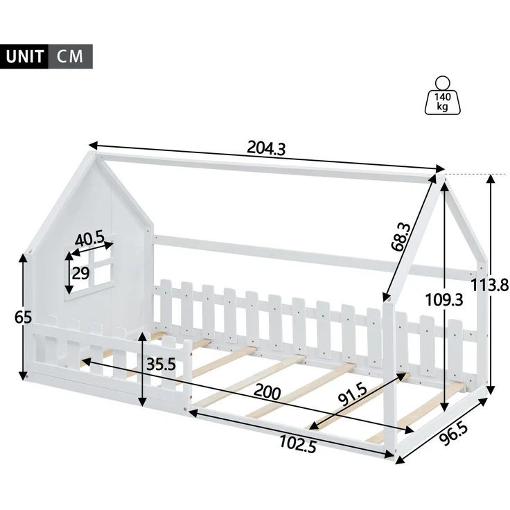 Kinderbett 90x200 cm in Hausform, Weiß Jugendbett aus Kiefer & MDF, stabiles Hausbett für Mädchenzimmer – Bild 5