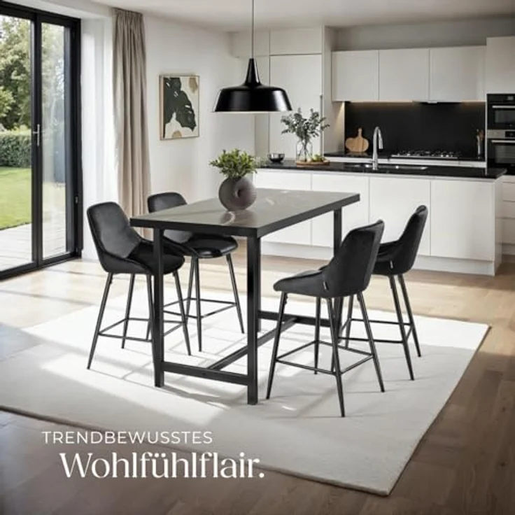 tectake Thekenstuhl Siera, Barhocker aus Samt in Schwarz, 49x100x54 cm, höhenverstellbare Kunststofffüße, Fußstütze, ergonomische Rückenlehne – Bild 2