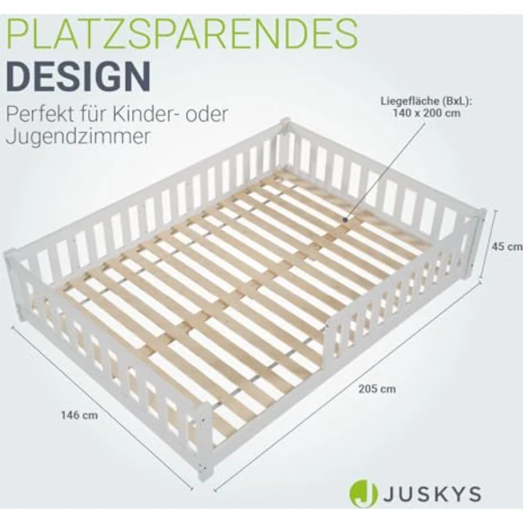 Juskys 'Naya' Kinderbett - mit Rausfallschutz & Lattenrost - Bodenbett für Kinder 3 -10 Jahre - modern, Holz Weiß, 140x200 cm – Bild 3