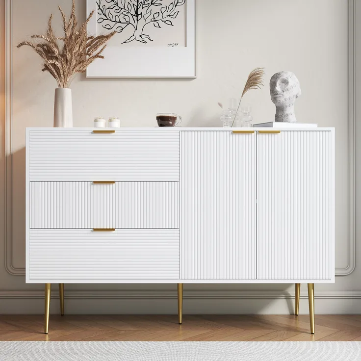 Sideboard MDF mit 3 Schubladen & 2 Türen, 120x38x80,5 cm, Weiß/Gold
