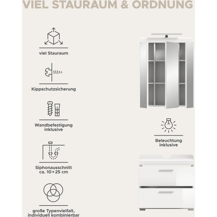 Xonox Scout Badkombination (B/H/T: 60x191x34 cm) in weiß Nachbildung und weiß Hochglanz tiefzieh – Bild 12