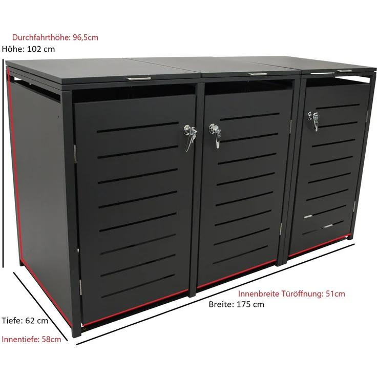 DEGAMO KÖLN Mülltonnenbox 3-er, Stahl verzinkt, anthrazit, 175x62x102cm für 3x kleine Tonne 120 Liter – Bild 5