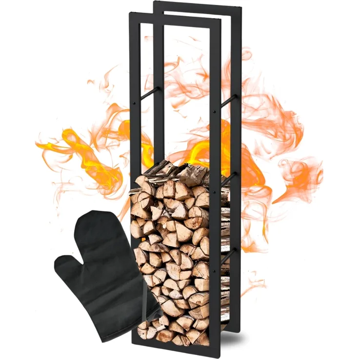 DELUKE® Kaminholzregal innen Metall KEOP | Schwarz | 40x25x150cm | Brennholzregal Inkl. Ofenhandschuh | Feuerholzregal Kaminholzhalter Holzständer Holzhalter Holzlager