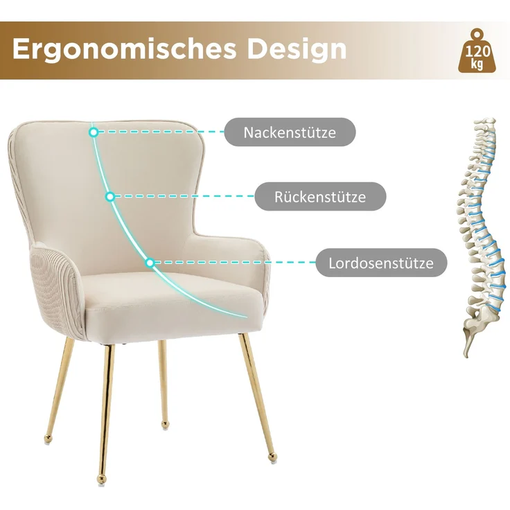Samt Beige Esszimmerstuhl 2er Set,ergonomischer Lendenstütze, 10 cm dicker Sitzpolsterung, höhenverstellbaren Gold Metallbeinen – Bild 5