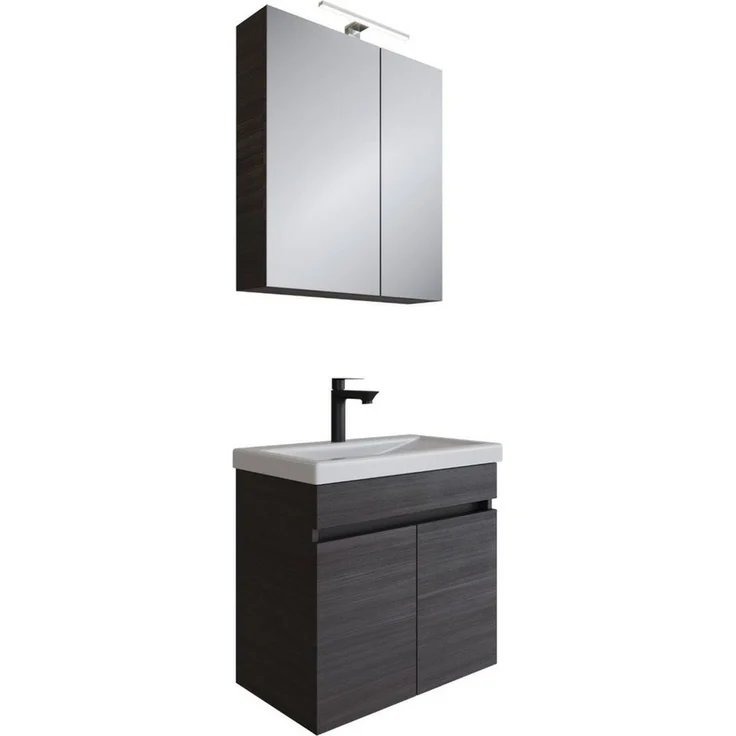 Planetmöbel Badmöbel-Set Badmöbel Set - Waschtisch mit Spiegelschrank 63 cm, (Waschbecken mit Unterschrank, 3-St, Spiegelschrank Bad mit Beleuchtung) – Bild 1