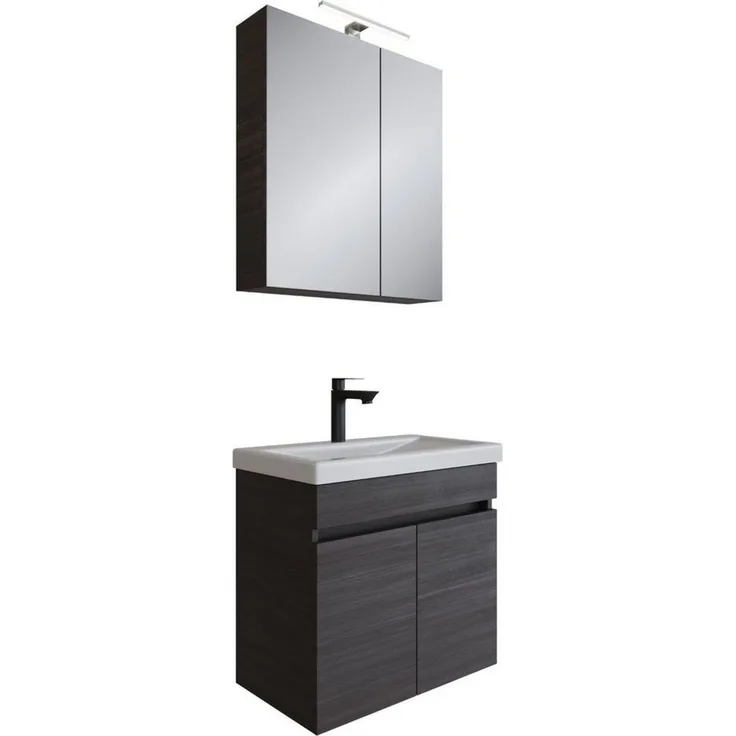 Planetmöbel Badmöbel-Set Badmöbel Set - Waschtisch mit Spiegelschrank 63 cm, (Waschbecken mit Unterschrank, 3-St, Spiegelschrank Bad mit Beleuchtung)