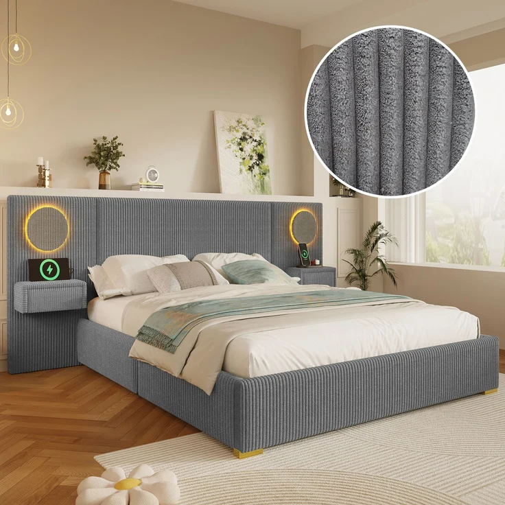 U-life Samtstoff Polsterbett 180x200 cm, fürs Schlafzimmer, USB-Anschlüssen, Samt, Grau – Bild 1