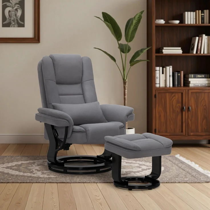 M MCombo Relaxsessel mit Liegefunktion, Lesesessel, 360° Drehbarer Fernsehsessel, mit Hocker, mit Kissen & Seitentasche, bis 120 Kg Belastbarer TV-Sessel für Wohnzimmer, 9099 (Grau-Mikrofaser) – Bild 2