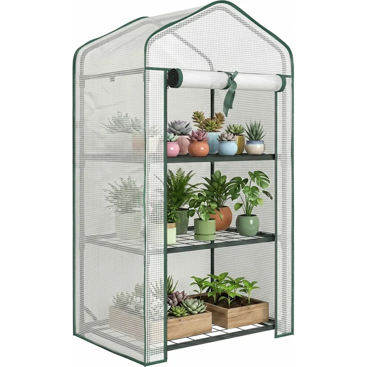 MELAYR, Gartenregal für Gewächshaus, 3 Ebenen, Maße 59 x 39 x 127 cm (L x B x H), pulverbeschichtetes Metall, grün, Weiß – Bild 1