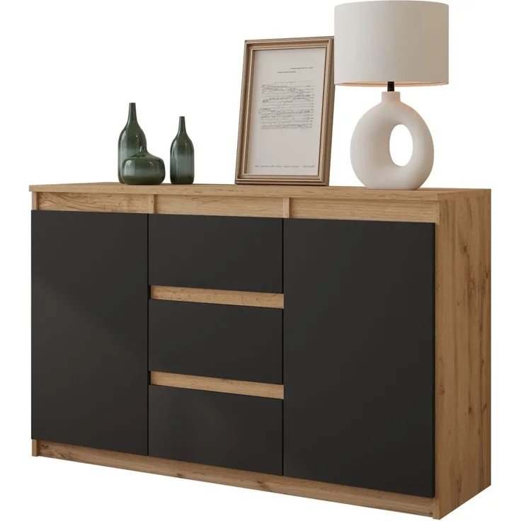 Furnica MIKEL Kommode 3 Schubladen Wotan Eiche/Anthrazit H75 B120 T35cm