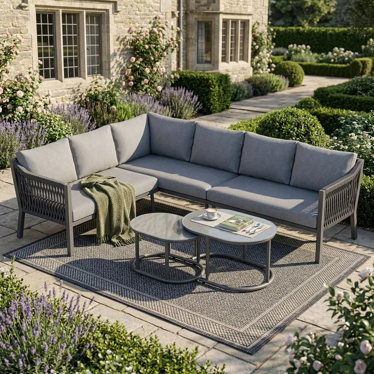 Merax Gartenmöbel-Set für 6 Personen, Eisen / Polyester grau, 243,5x186x80 cm