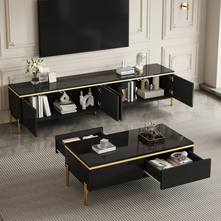 Modernes Luxus-TV-Schrank- und Couchtisch-Set , Hochglänzende Oberfläche in Unifarbe , Goldene Kanten , Großzügiger Stauraum--Schwarz--111x59.21x13.49cm--YOUDENOVA – Bild 9