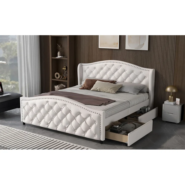 EINHOM Polsterbett 140 x 200 cm - Bett mit Lattenrost, 2 Schubladen und Kopfteil mit Zugpunktnieten – Holz & Kunstleder - Weiß – Jugendbett Gästebett, Weiß PU, (Ohne Matratze) – Bild 6