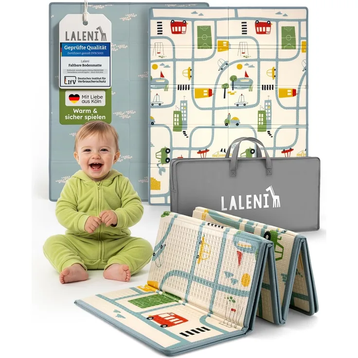 Laleni Krabbelmatte Baby 120x150x1 cm - wasserdichte Spielmatte Baby faltbar - isolierende Bodenmatte Kinder - weich & schützt vor kaltem Untergrund - Krabbeldecke outdoor & indoor - Auto-Motiv