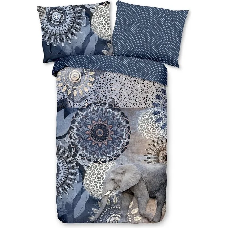 Traumschloss Bettwäsche Comfort Baumwolle, Flanell, 2 teilig, blaue Mandalas mit Elefant