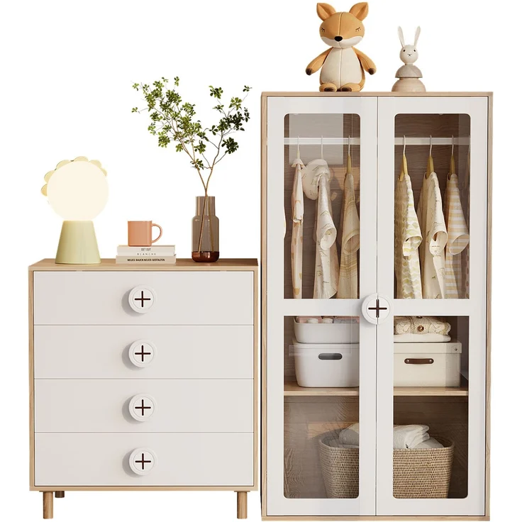 Kleiderschrank & Nachttisch Set 10-Regale Aufbewahrung Glas-Türen Weiß/Holz, Sideboard & Jugendzimmer – Bild 8