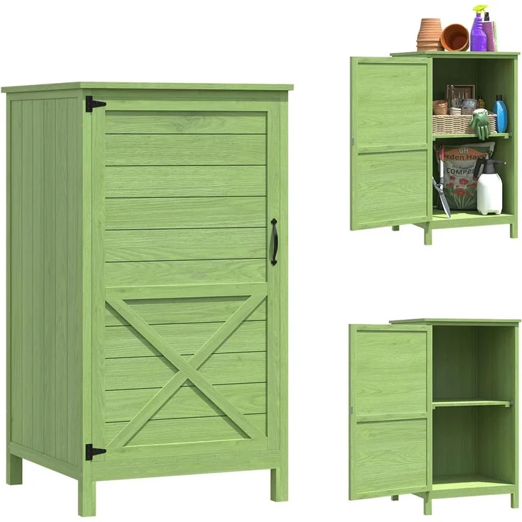 Aoxun Garten-Geräteschrank aus Holz, Gartenschrank für draußen mit verstellbaren Regalboden, Kleiner Holz-Gartenschuppen 55 x 54 x 100 cm, Grün – Bild 7