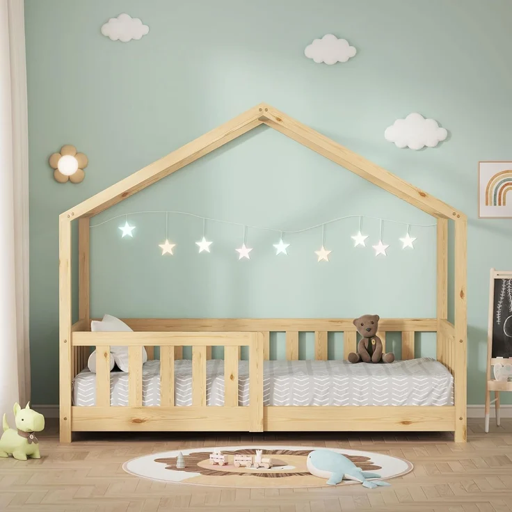 ML-DESIGN Spielbett Hausbett Kinderbett inkl. Lattenrost & Rausfallschutz Kinder Bodenbett, Abenteuerbett 70x140cm Haus Bett Himmelbett Kiefer Jugendbett Natur – Bild 8