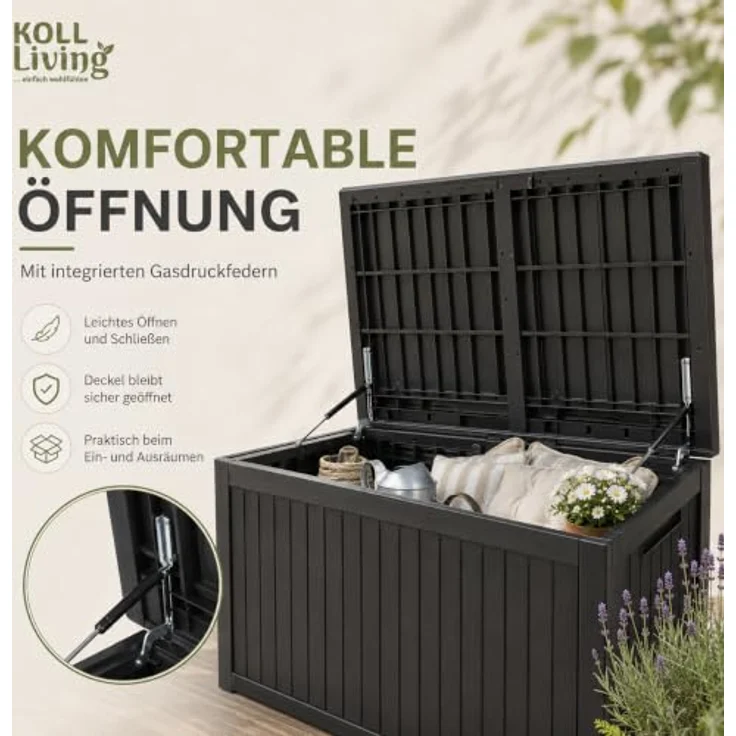 Koll Living Gartenbox 'Cedar', 680 Liter, Schwarz, abschließbar, wasserdicht, UV- & witterungsbeständig, Holzoptik – Bild 6