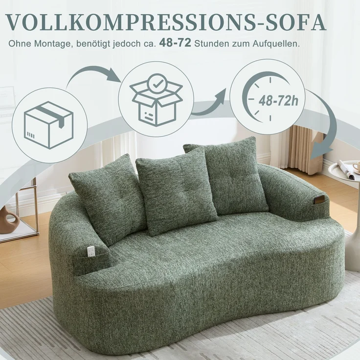 LVHOM 2-Sitzer Sofa mit 3 Kissen, Cloud Sofa mit komprimiertem Design, kein Aufbau erforderlich, Doppelsofa aus Chenille, Grün – Bild 6