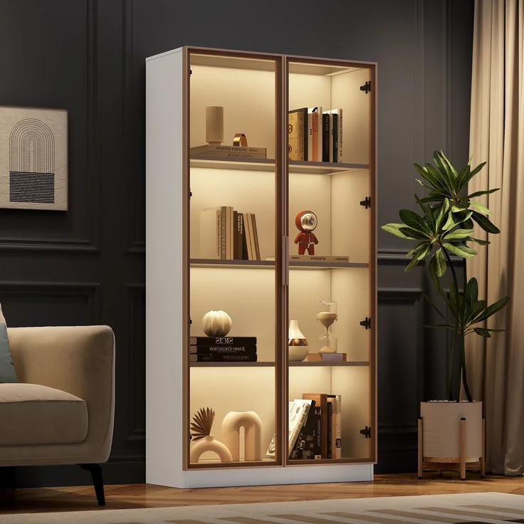 Glasvitrine mit LED-Beleuchtung, doppeltürige Vitrine mit beweglichen Einlegeböden, 80*40*160cm,Hochschrank für Wohnzimmer, Standvitrine,Badezimmerschrank--Weiß--80x40x160cm--YOUDENOVA – Bild 3