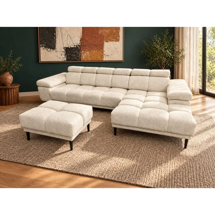 Ecksofa Schlafsofa SENVELIO RELAX inkl. Hocker Stoff Glam Creme Ottomane Rechts – Bild 1