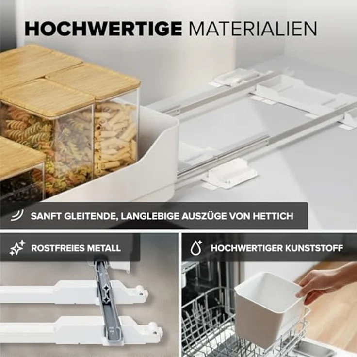 tesa Küchenorganizer-Set Schubladen Organizer Küche, nachrüstbar, ausziehbar, selbstklebend, (Pull Out ausziehbare Küchen-Schublade, 2x Auszugsschienen, 1x Regalboden, 5x Powerstrips-Blätter, uvm, 8-tlg, inkl. Bodenauszug mit 15 Powerstrips & Andrückhi... – Bild 6