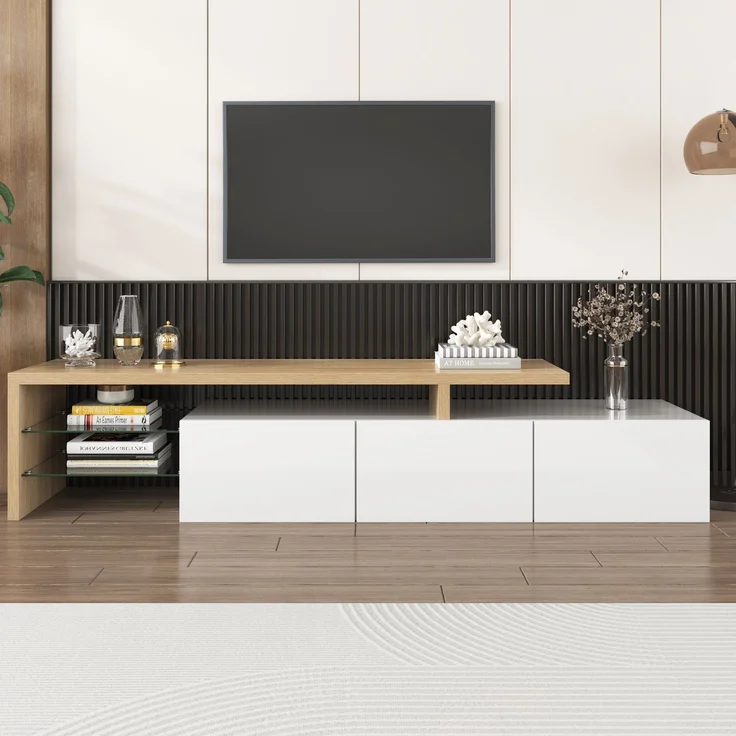 TV-Schrank 197,5 cm Weiß Hochglanz Holzoptik mit LED Beleuchtung, Lowboard mit Stauraum und Glasböden – Bild 4